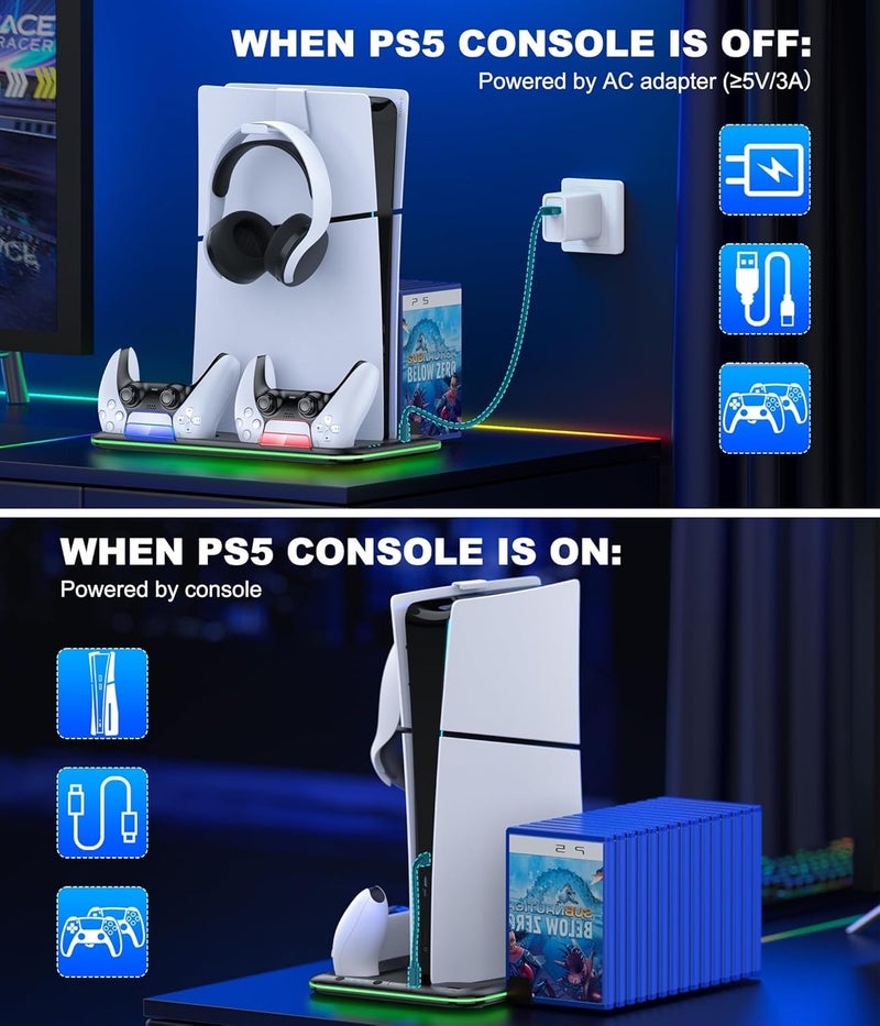 KICKDOT PS5/PS5 Slim Stand and Cooling Station with Controller Charging Station for Playsation 5, PS5 Accessories Kit Incl. 3 Levels Cooling Fan, LED, 15 Game Slot, Headset Holder for PS5 Digital/Disc Console - Image 5